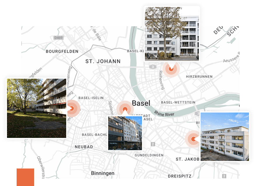 A map of Basel marking Kobella properties, with photographs of four of the buildings.